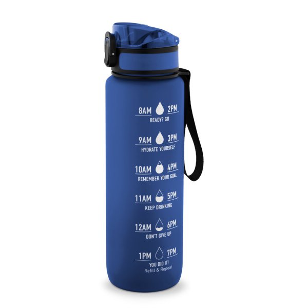 ERIKSSON. Bouteille d'eau en PET recyclé (100 % rPET), avec des phrases motivantes et des repères temporels pour encourager la consommation d'eau. - 104 - Bleu