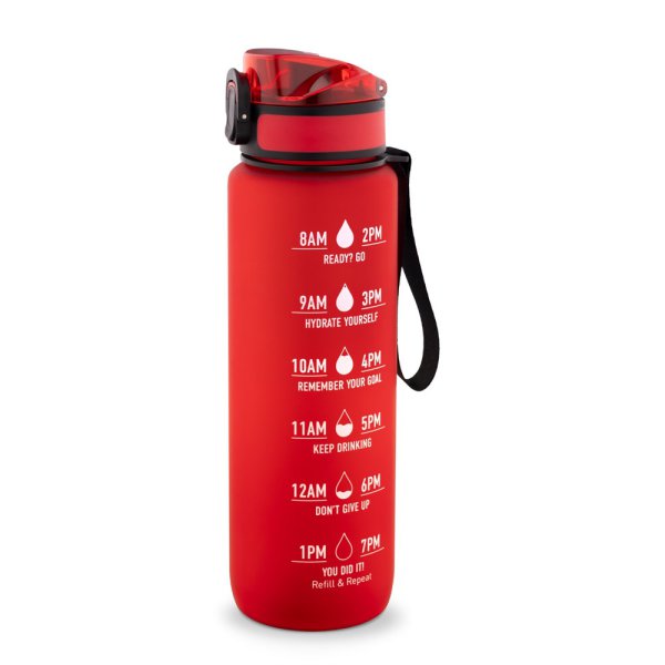 ERIKSSON. Bouteille d'eau en PET recyclé (100 % rPET), avec des phrases motivantes et des repères temporels pour encourager la consommation d'eau. - 105 - Rouge