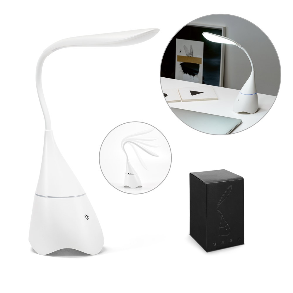 GRAHAME. Lampe de table portable avec haut-parleur et autonomie de 5 heures, fabriquée à partir d'ABS recyclé (100 % rABS).