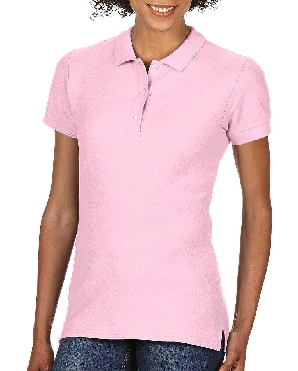 Polo à manches courtes en double piqué de coton premium pour femme - Rose clair